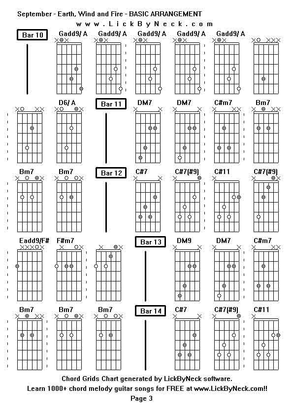 Chord Grids Chart of chord melody fingerstyle guitar song-September - Earth, Wind and Fire - BASIC ARRANGEMENT,generated by LickByNeck software.